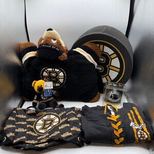 Boston Bruins Fan Merchandise Bundle-Youth Hoodie, Pillow Pet,Foam Puck Hat Lot⁠